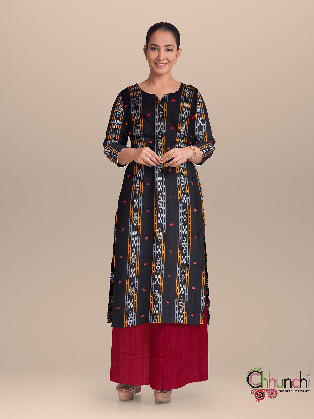 Black and Red Nuapatna Handloom Cotton Dress Material with Small buttas