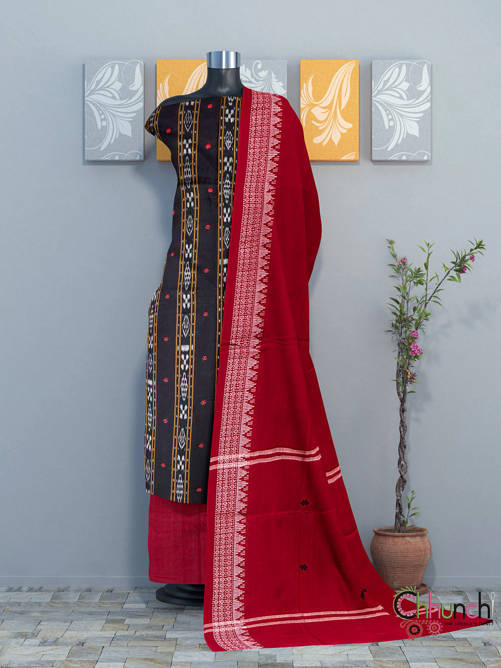 Black and Red Nuapatna Handloom Cotton Dress Material with Small buttas