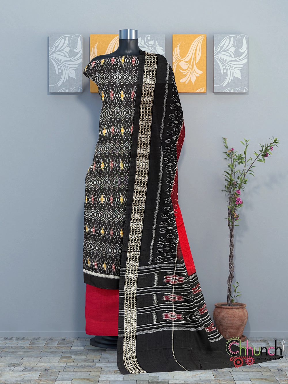 Black and Red Sambalpuri Handloom Cotton Dress Material