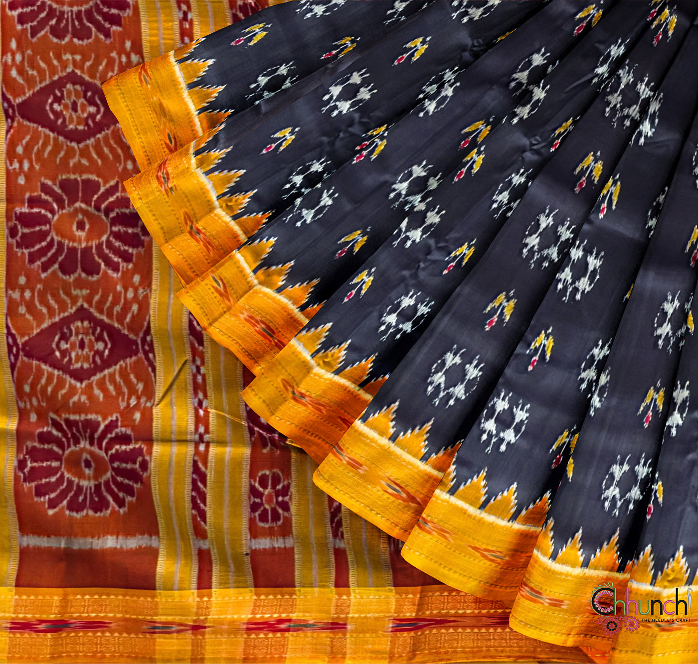 Black and Yellow Motifs Pure Silk Handloom Khandua Patta Saree