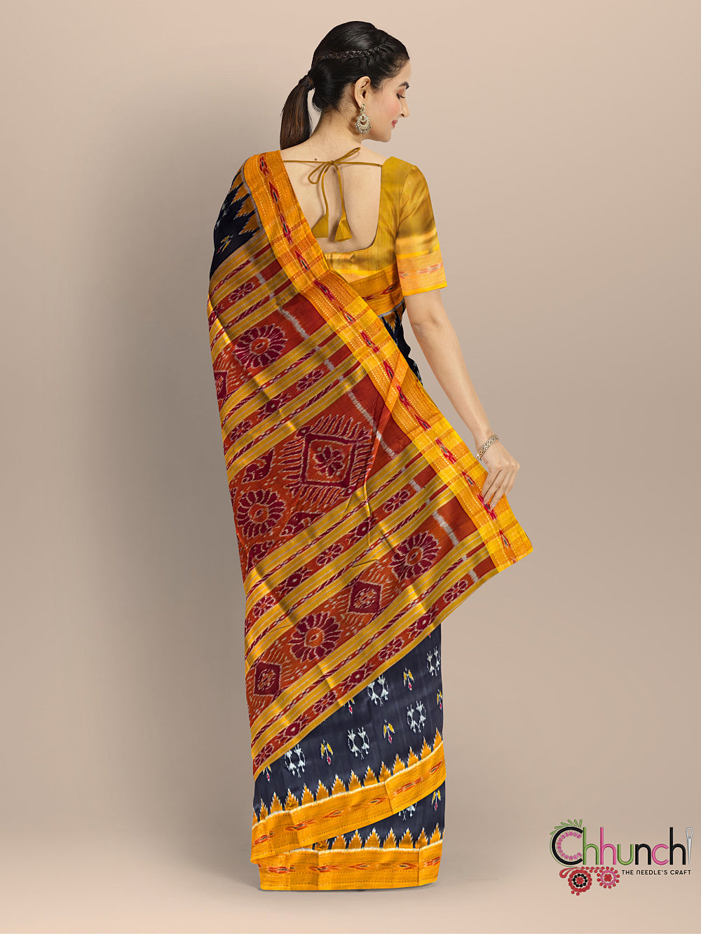 Black and Yellow Motifs Pure Silk Handloom Khandua Patta Saree