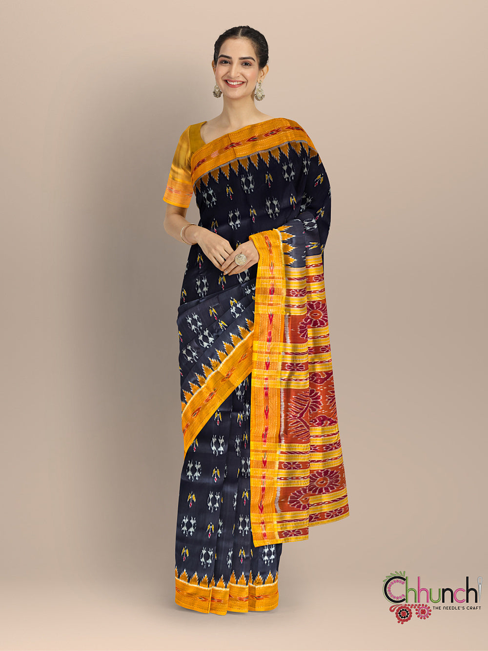 Black and Yellow Motifs Pure Silk Handloom Khandua Patta Saree