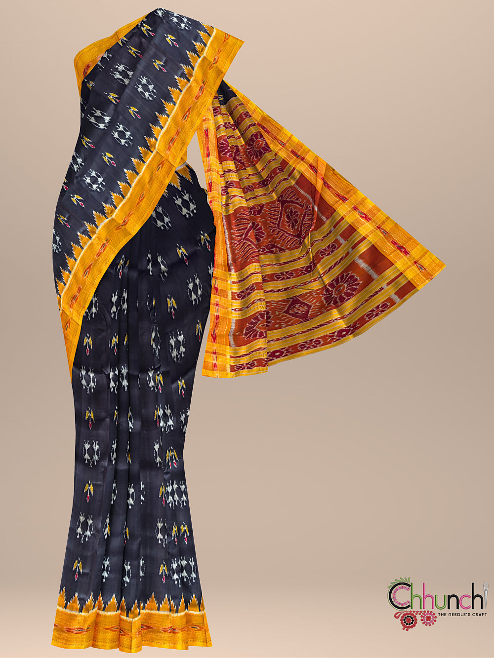 Black and Yellow Motifs Pure Silk Handloom Khandua Patta Saree