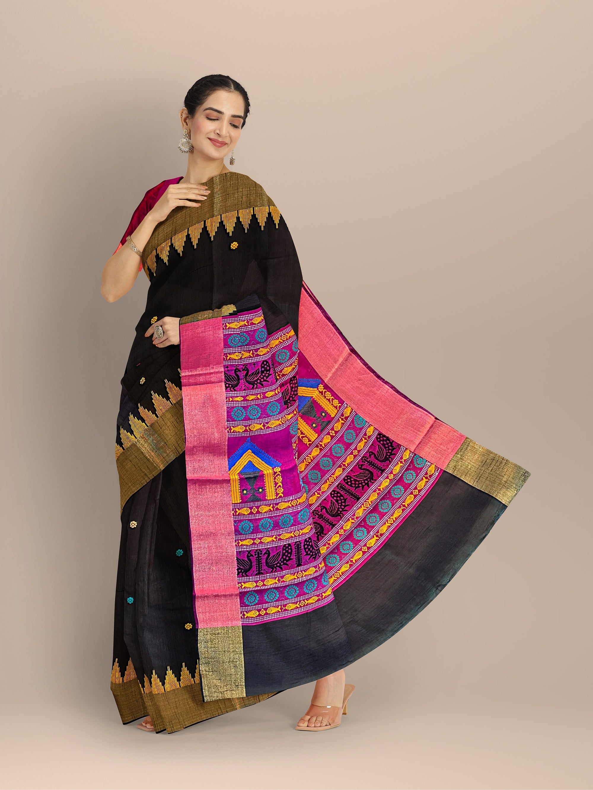 Black and Pink Raw Silk Handloom Saree With Small Butta Design