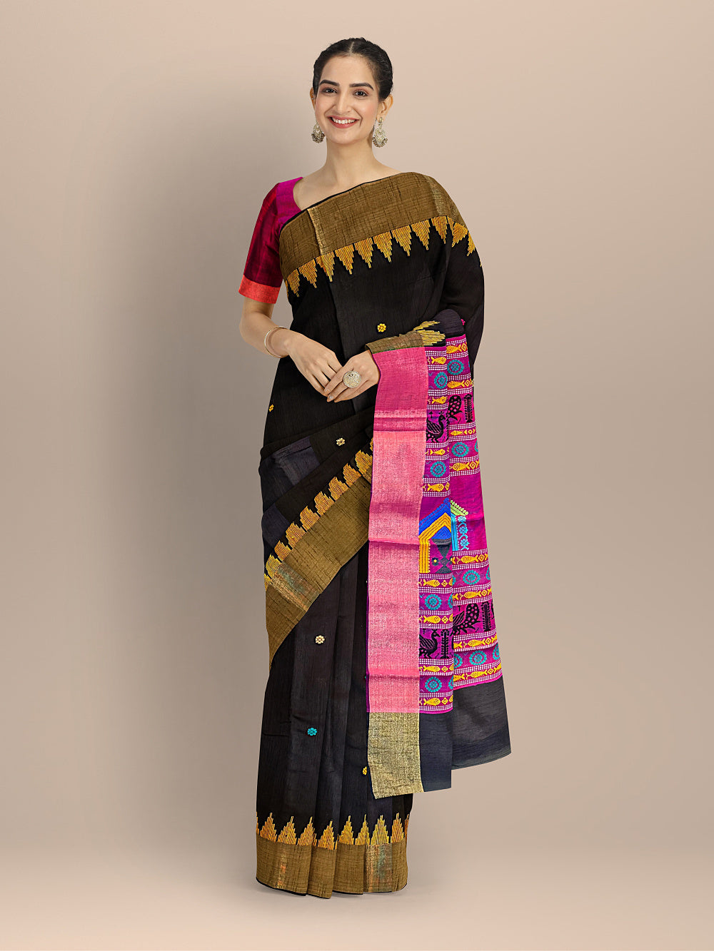 Black and Pink Raw Silk Handloom Saree With Small Butta Design