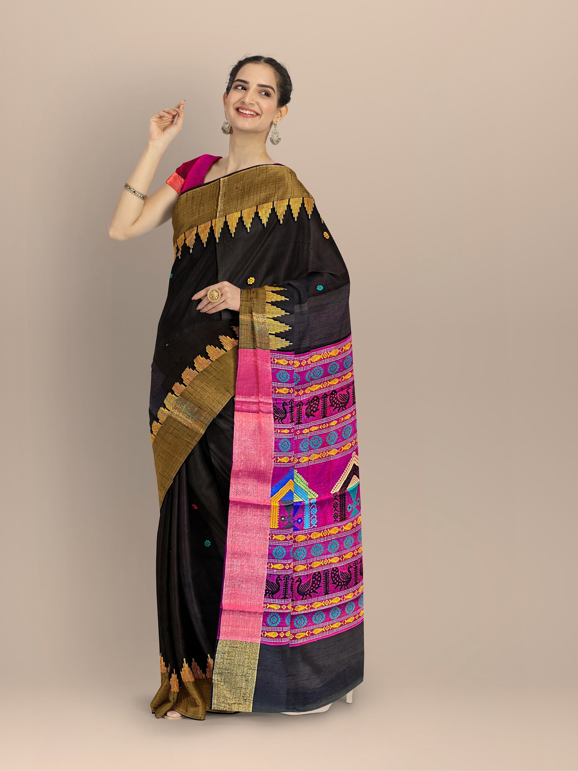 Black and Pink Raw Silk Handloom Saree With Small Butta Design