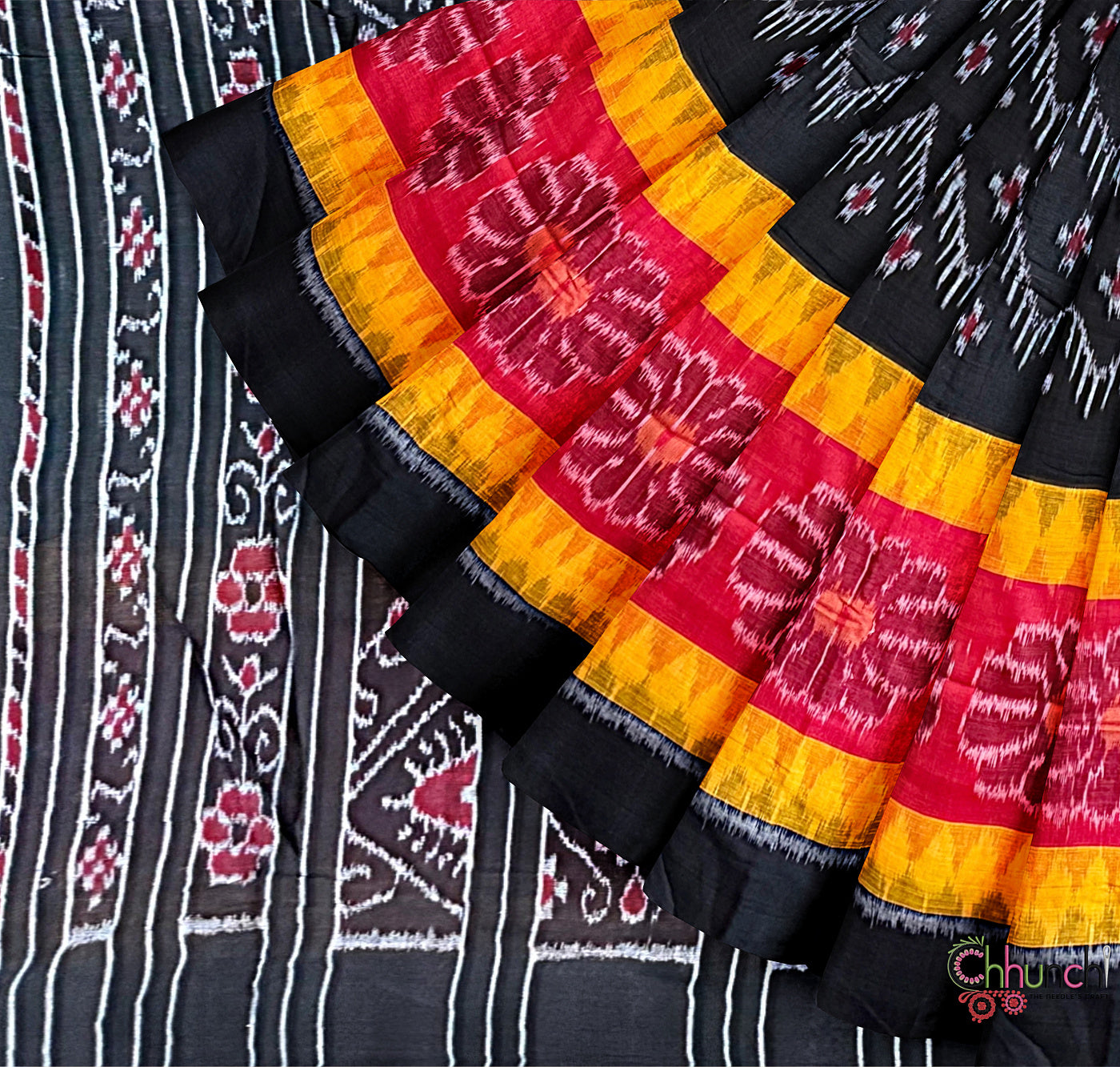 Black and Orange Handloom Cotton Nuapatna Saree