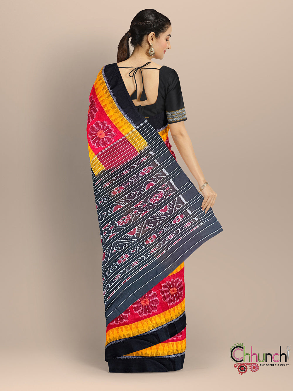 Black and Orange Handloom Cotton Nuapatna Saree