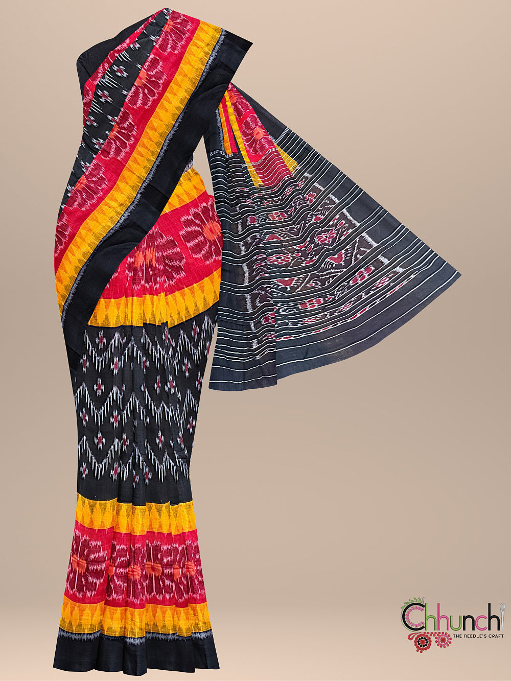 Black and Orange Handloom Cotton Nuapatna Saree