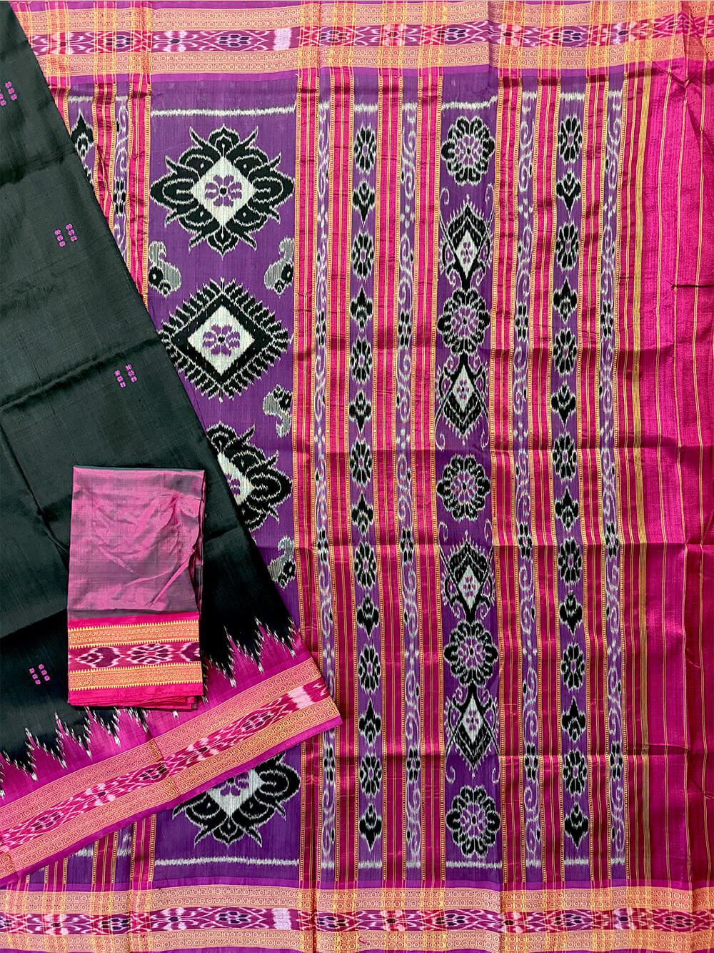 Black and Pink Pure Silk Handloom Khandua Patta Saree