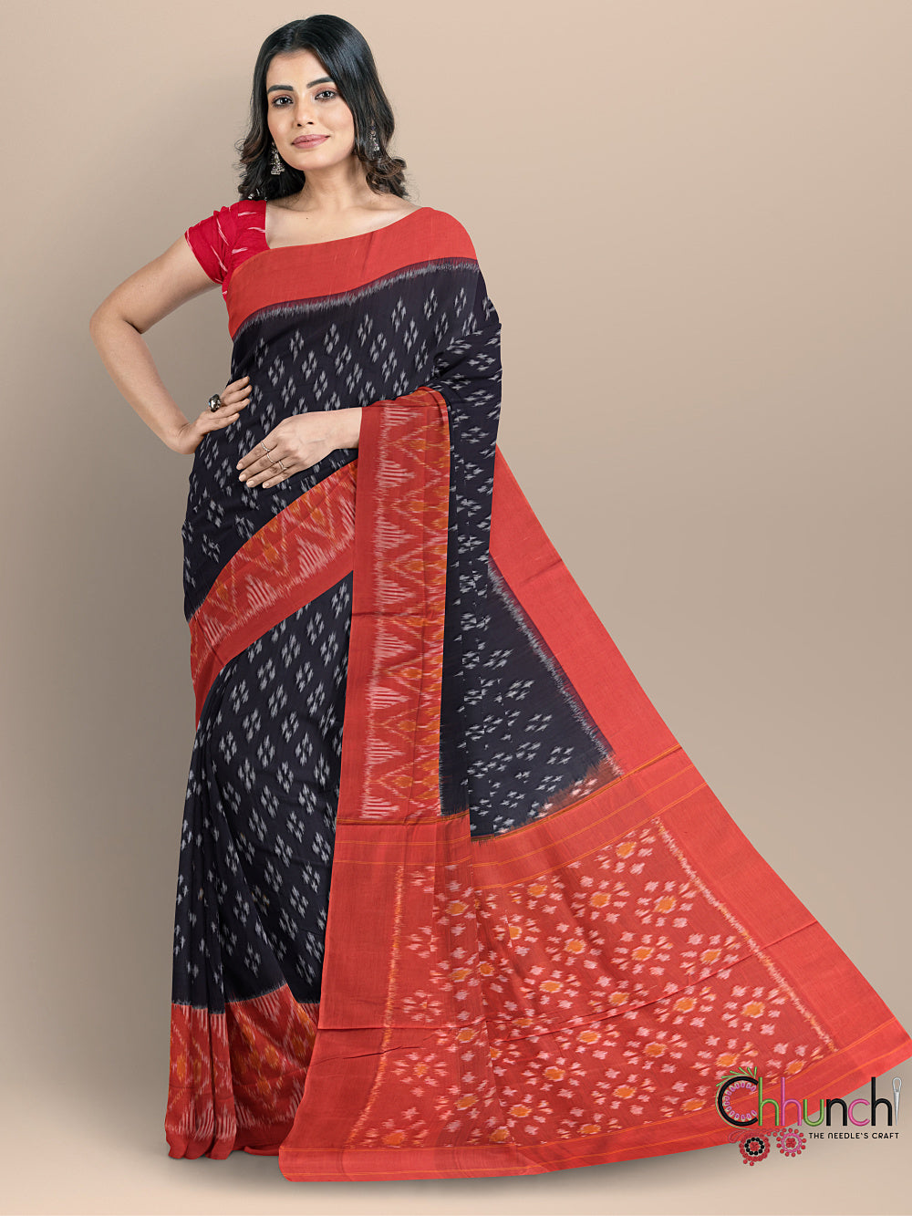 Black and Orange Pochampally Mercerised Cotton Handloom Saree in Ikkat Pattern