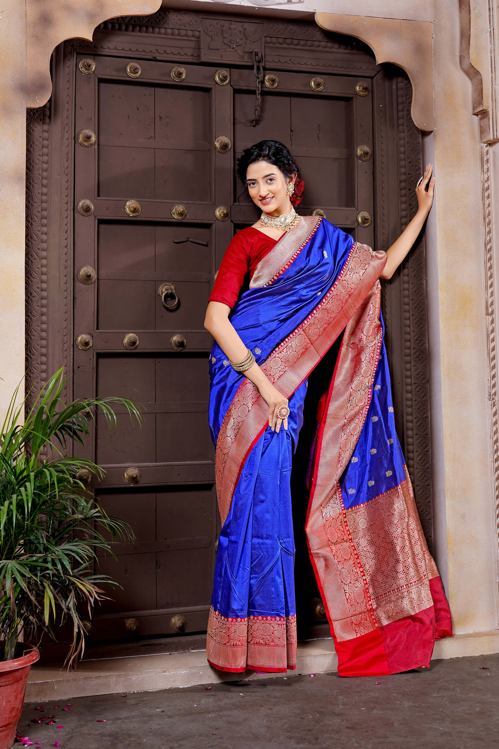 Blue and Maroon Pure Katan Silk Banarasi Handloom Saree with Kadhua Motifs