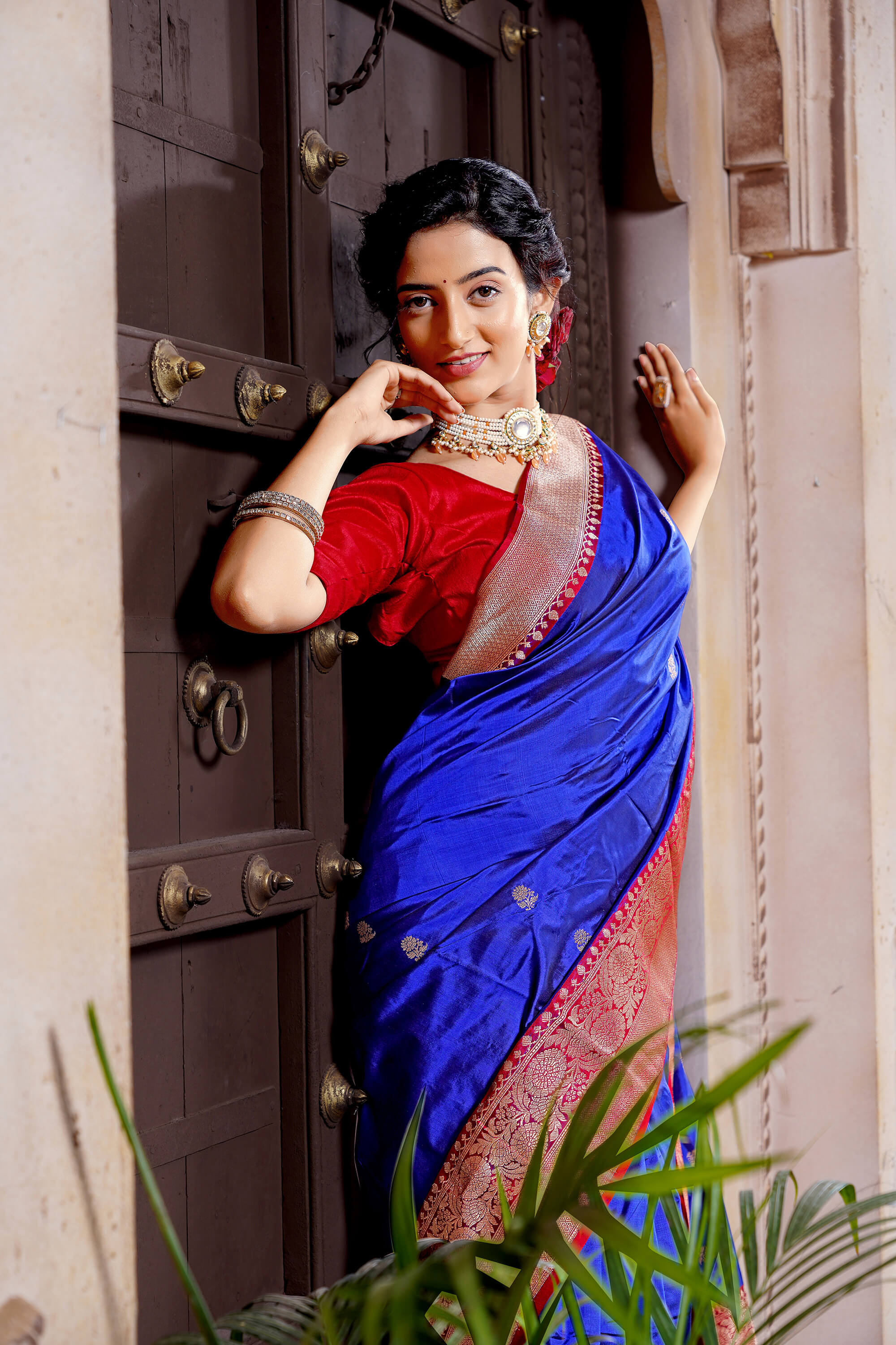 Blue and Maroon Pure Katan Silk Banarasi Handloom Saree with Kadhua Motifs