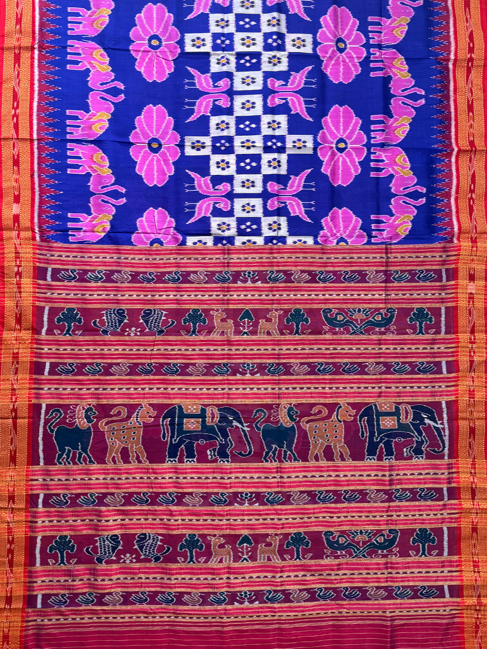 Blue and Pink Pure Silk Handloom Khandua Patta Saree with flower and Elephant Motifs