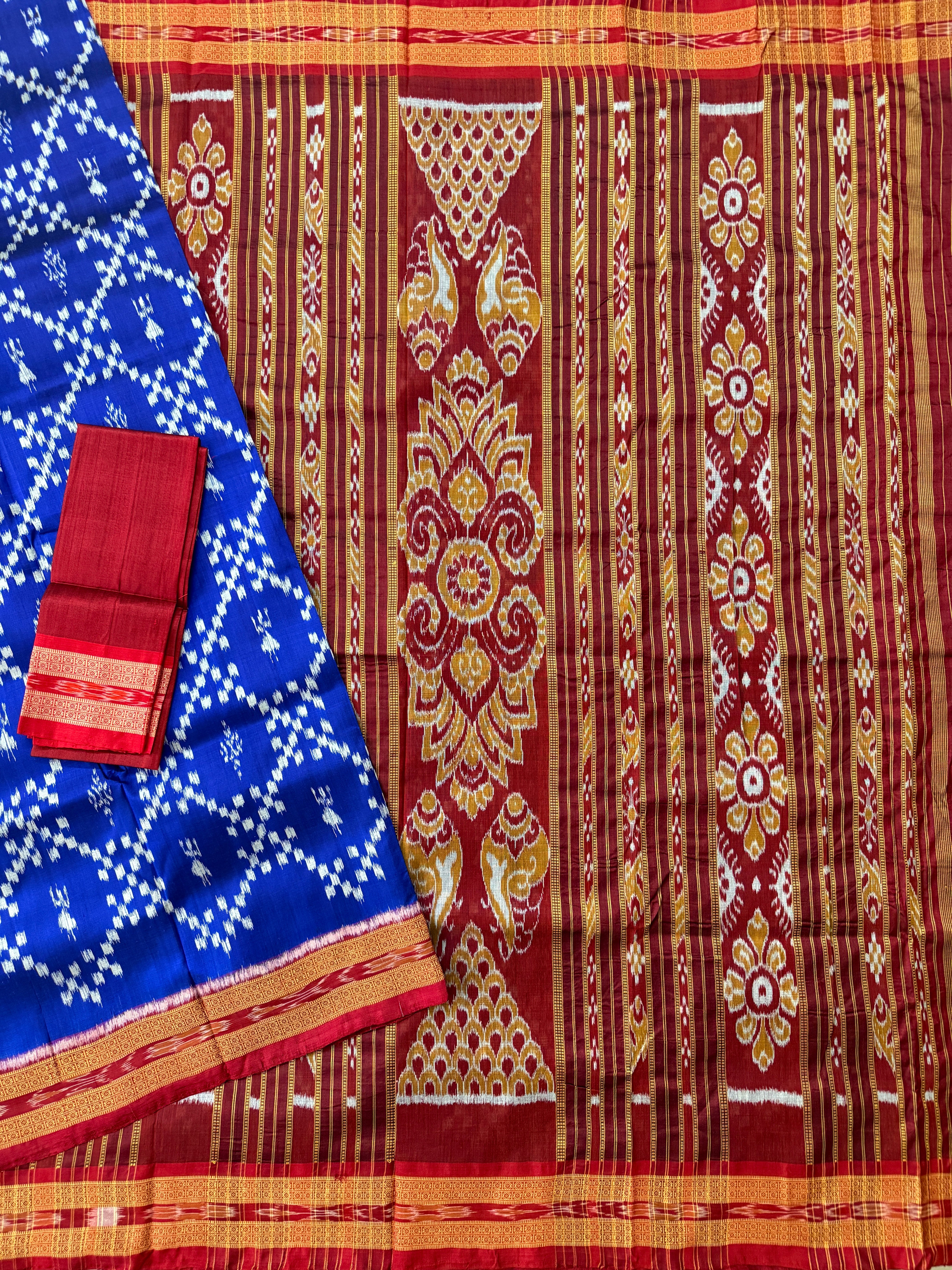 Blue and Red Pure Silk Handloom Khandua Patta Saree with Tribal Motifs