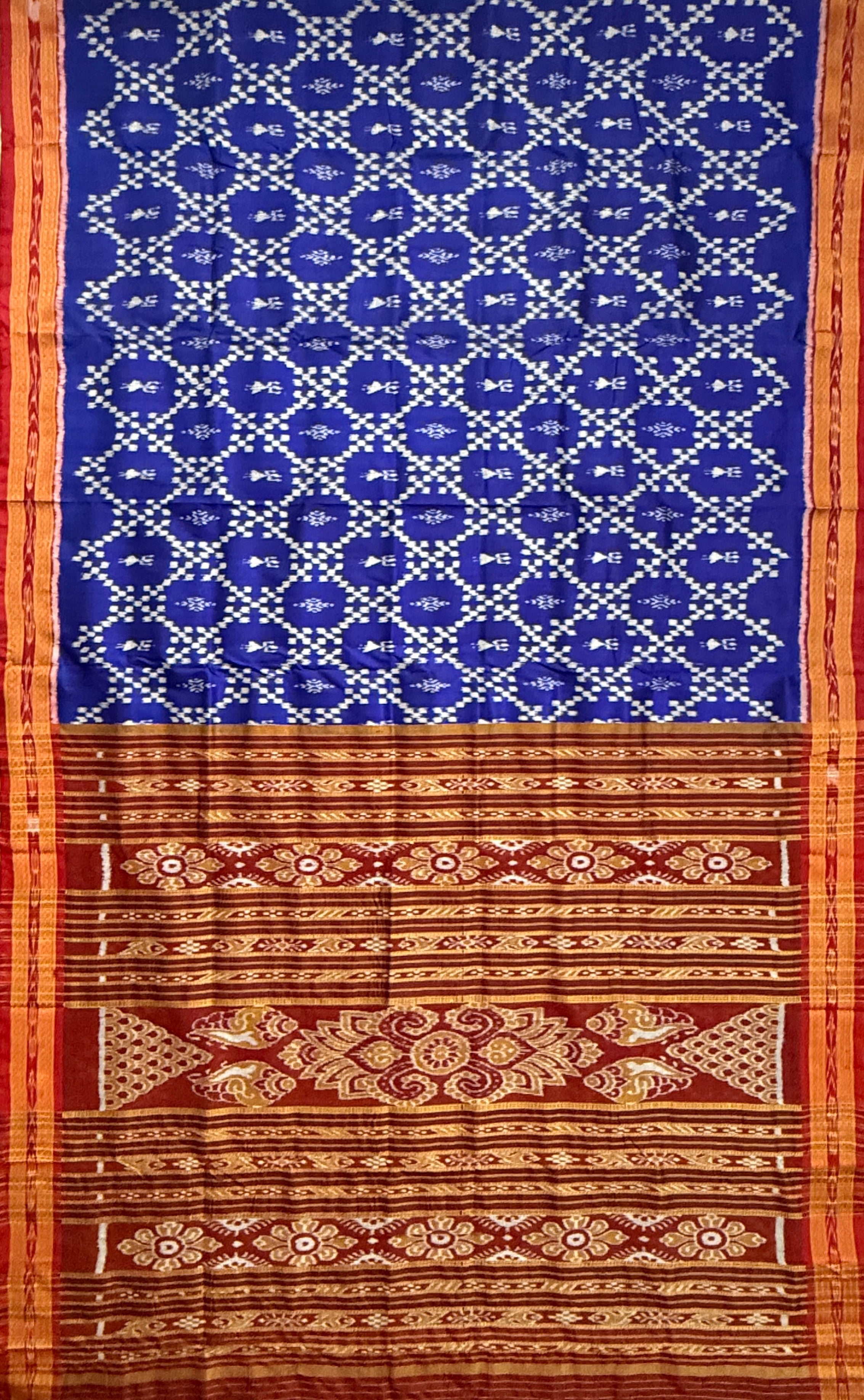 Blue and Red Pure Silk Handloom Khandua Patta Saree with Tribal Motifs