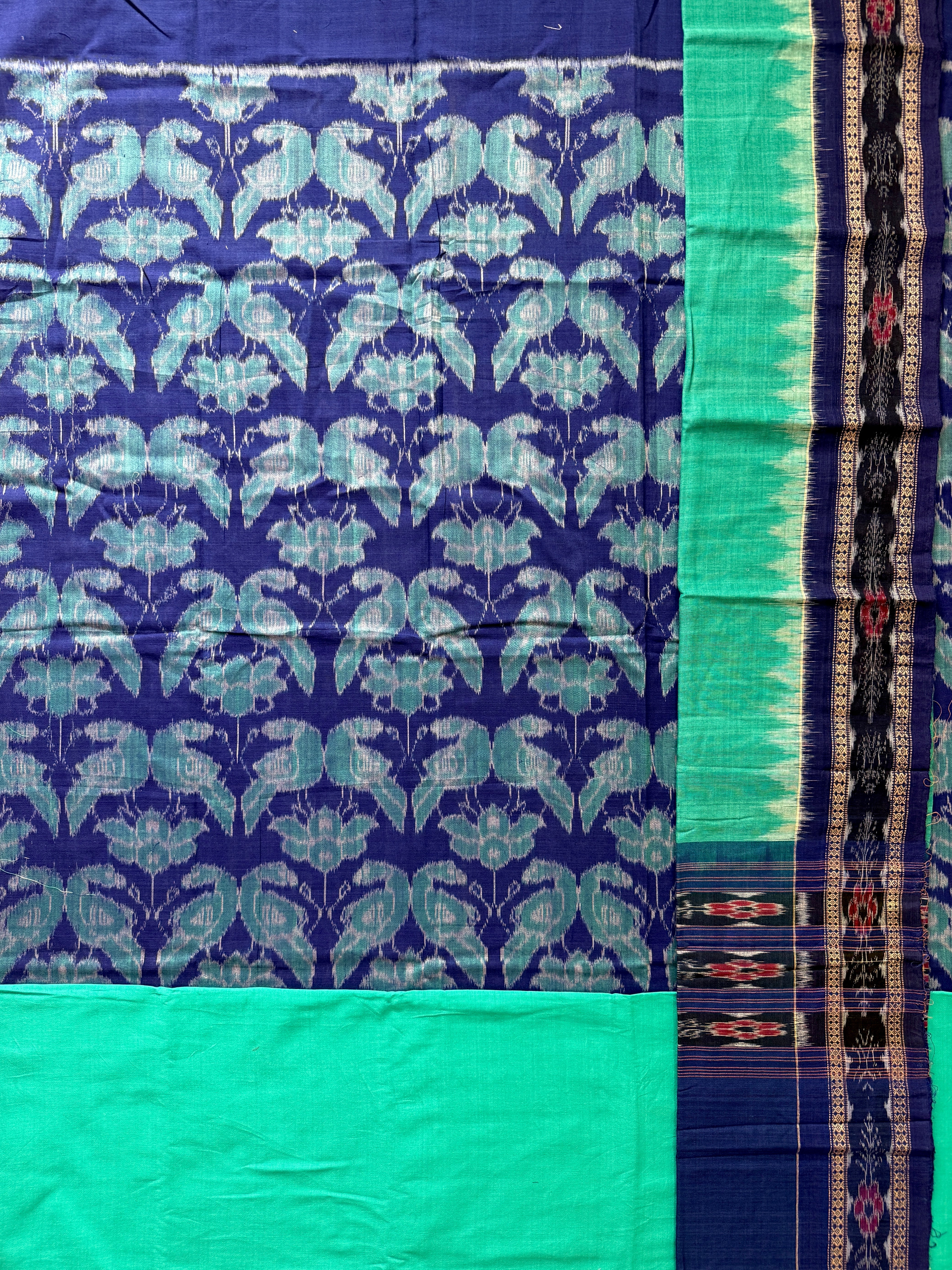 Blue and Teal Sambalpuri Handloom Cotton Dress Material With Parrot Motifs
