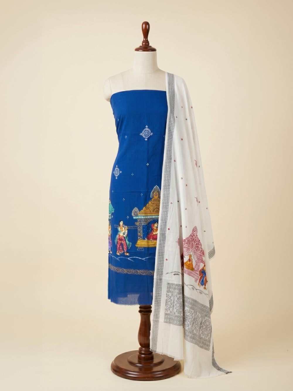 Blue and White Doli Baraat Hand Painted Pattachitra Dress Material
