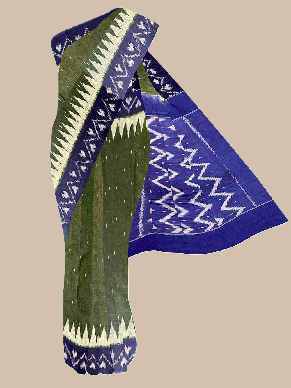 Bottle Green and Blue Pochampally Mercerised Cotton Handloom Saree in Ikkat Pattern