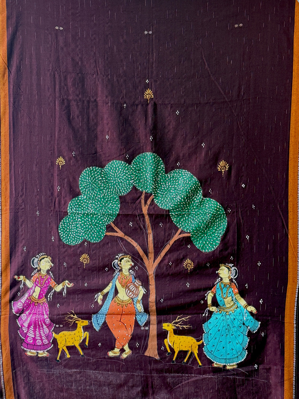 Brown Hand Painted Pattachitra Dress Material with Patchwork Dupatta