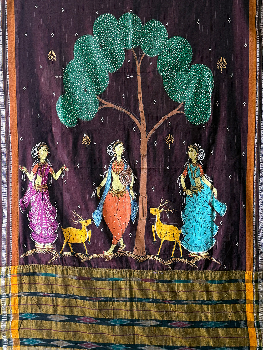 Brown Hand Painted Pattachitra Dress Material with Patchwork Dupatta
