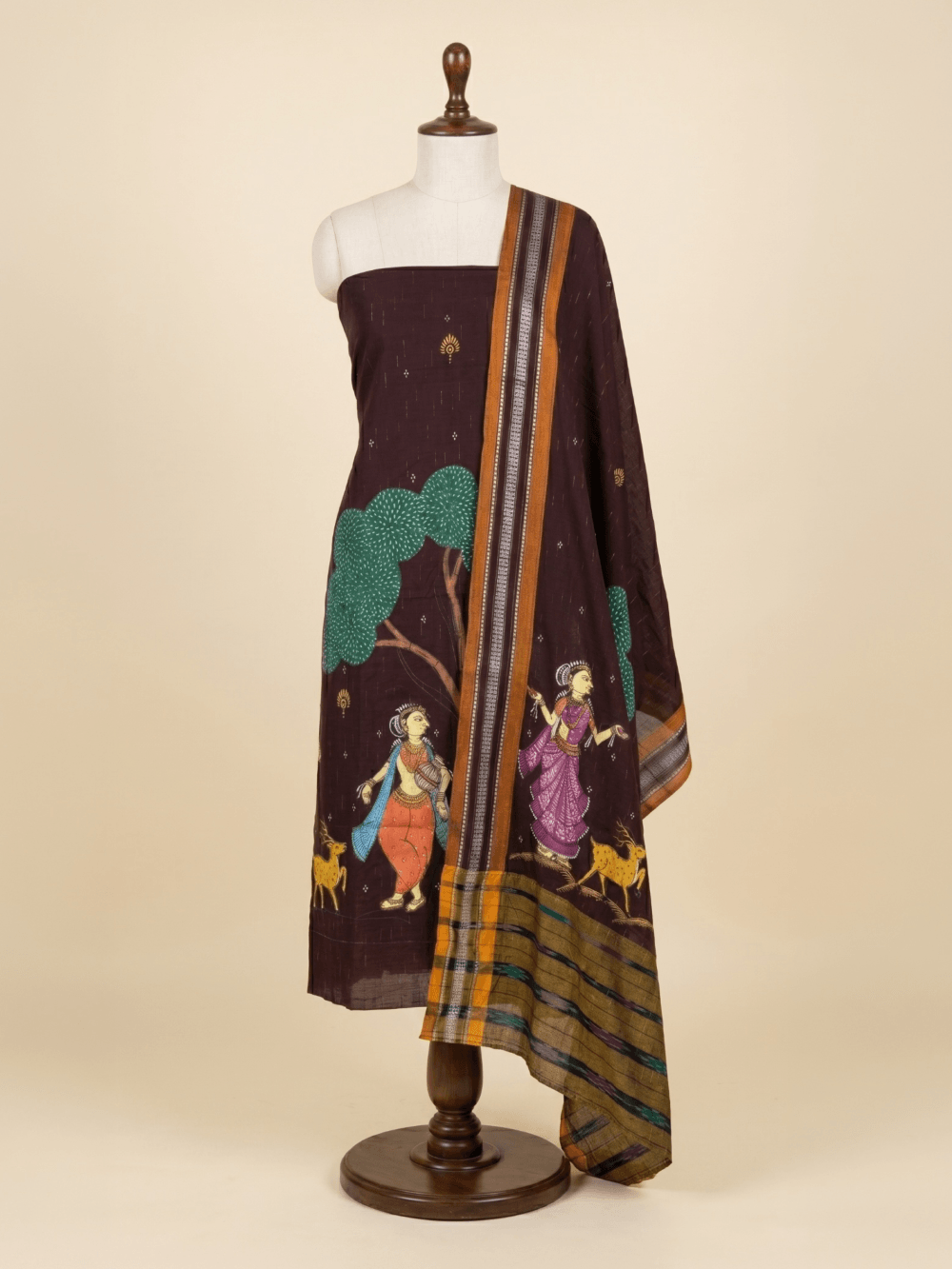 Brown Hand Painted Pattachitra Dress Material with Patchwork Dupatta