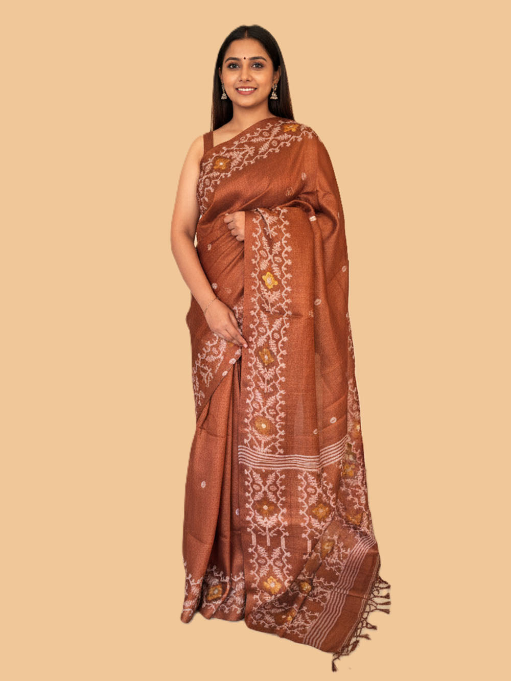 Brown Pure Silk Tussar Handloom Saree