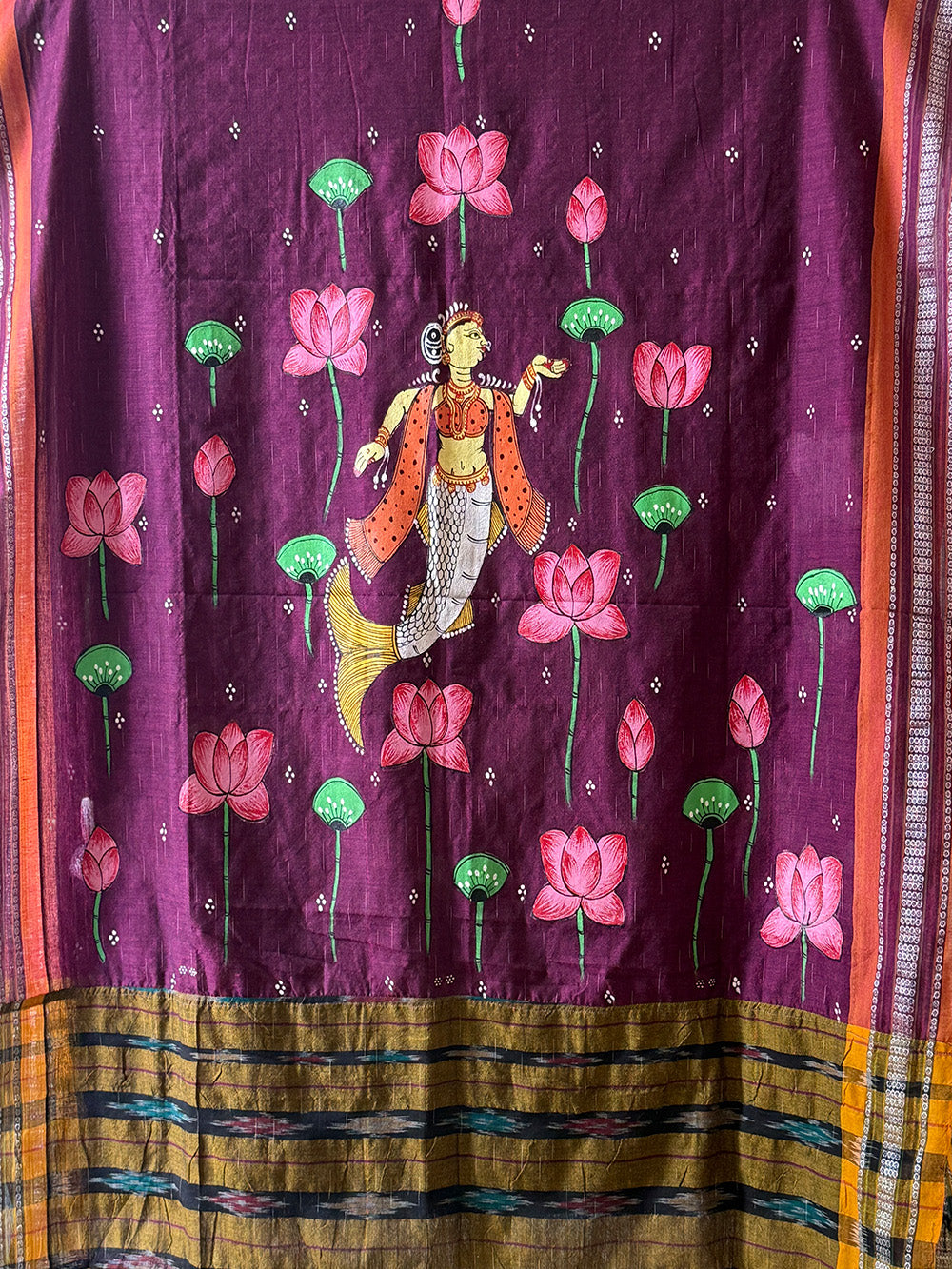 Burgundy Hand Painted Pattachitra Dress Material with Patchwork Dupatta