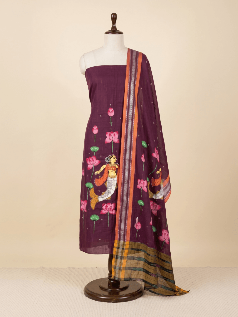 Burgundy Hand Painted Pattachitra Dress Material with Patchwork Dupatta