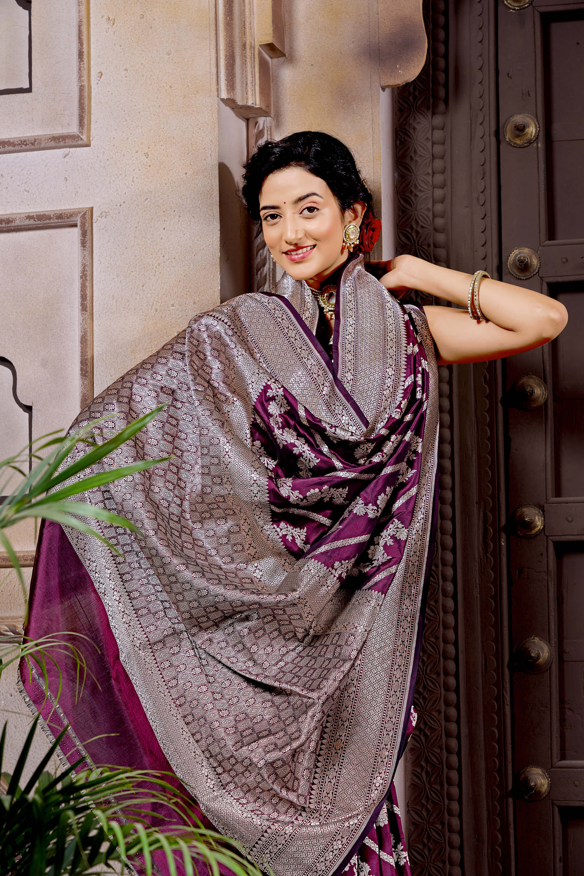 Burgundy Pure Katan Silk Banarasi Handloom Saree with Jaal Work