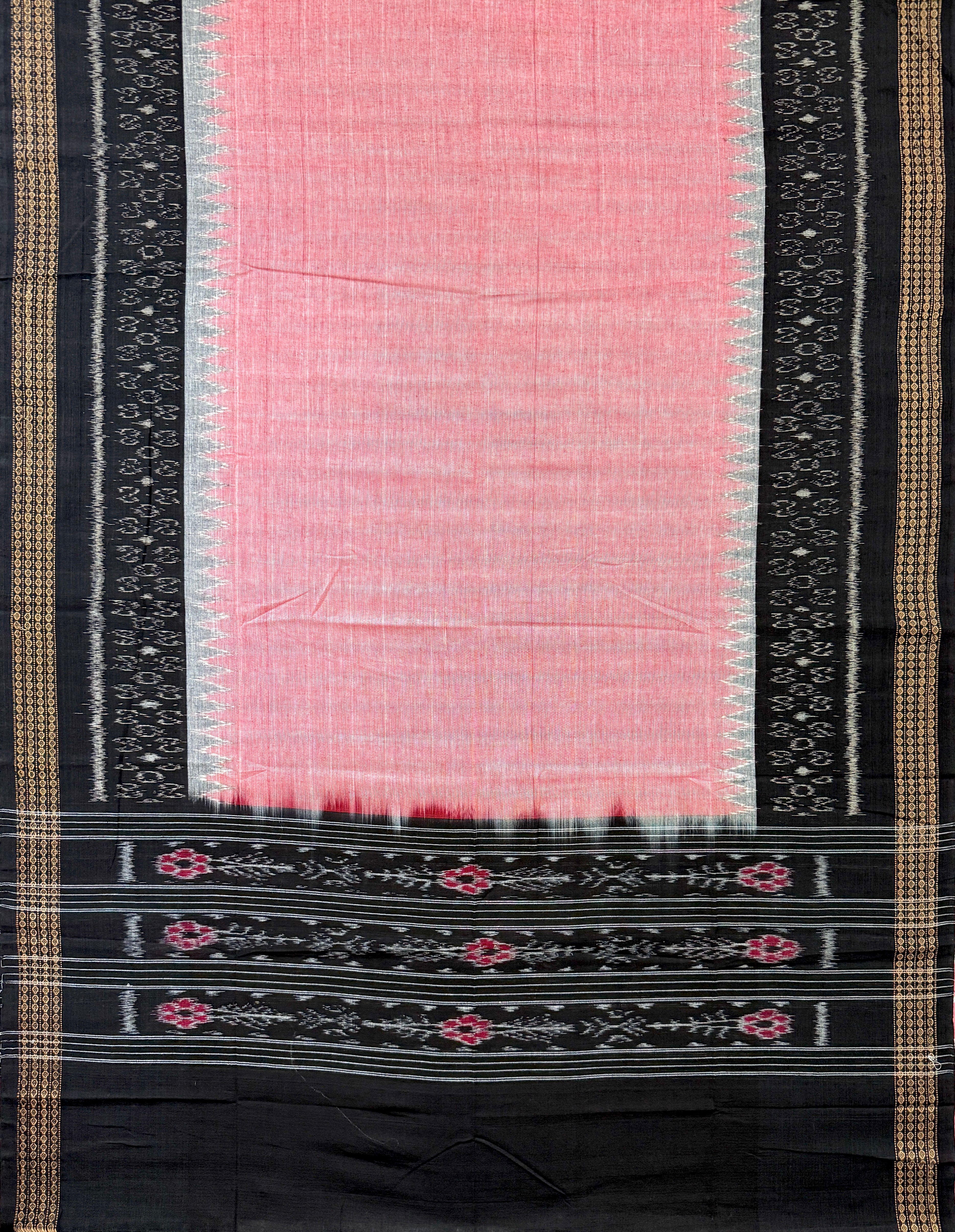 Coral Pink and Black Sambalpuri Handloom Cotton Dress Material