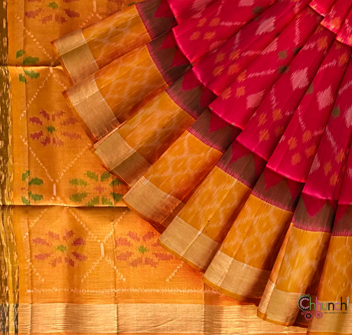 Coral Pink and Yellow Ikkat Pattern Pure Soft Silk Handloom Saree