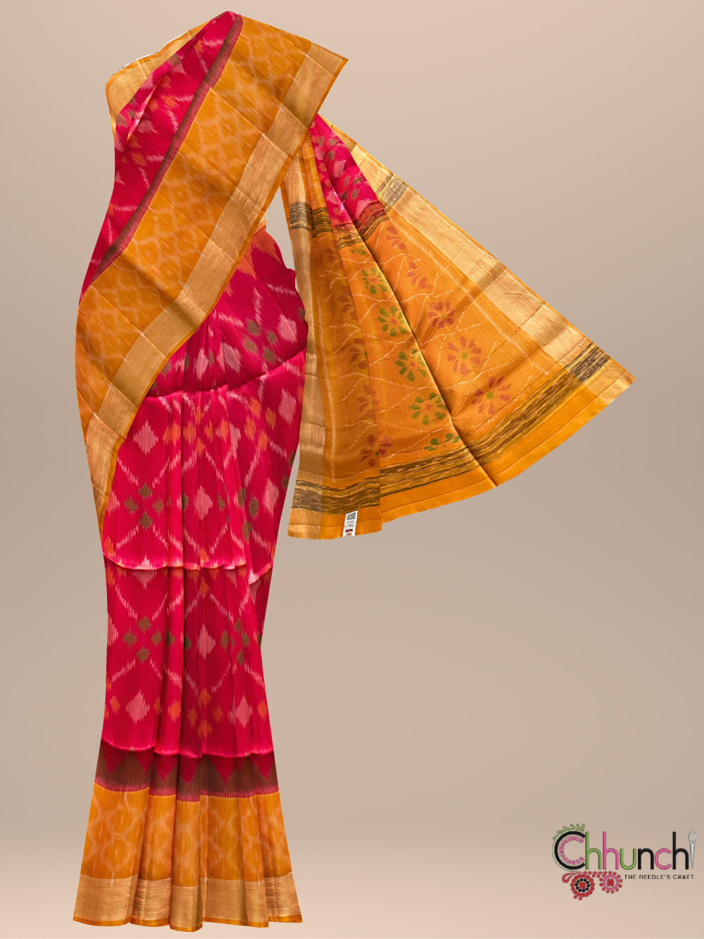 Coral Pink and Yellow Ikkat Pattern Pure Soft Silk Handloom Saree