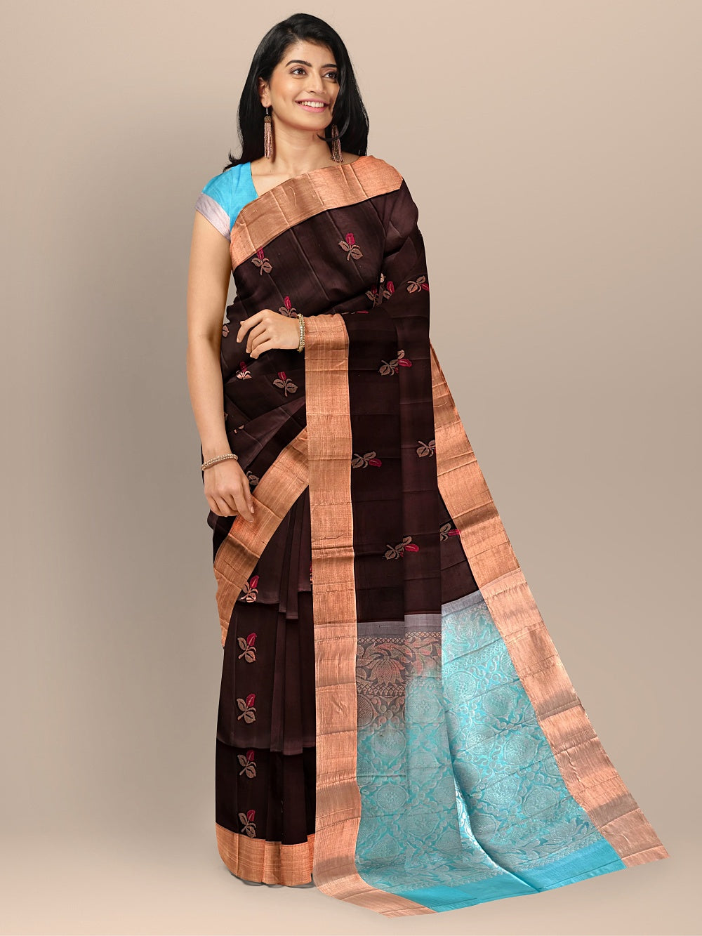 Dark Brown and Sky Blue Pure Soft Silk Handloom Saree