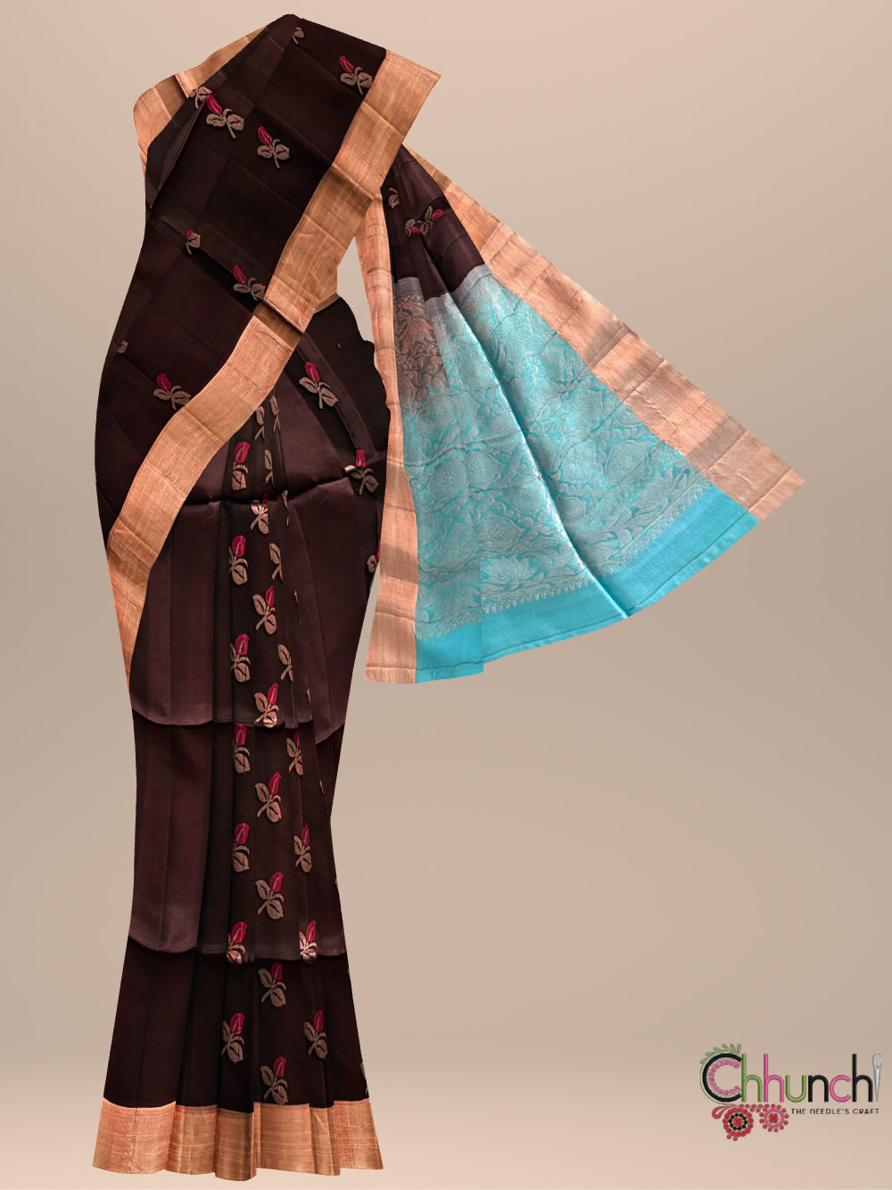 Dark Brown and Sky Blue Pure Soft Silk Handloom Saree
