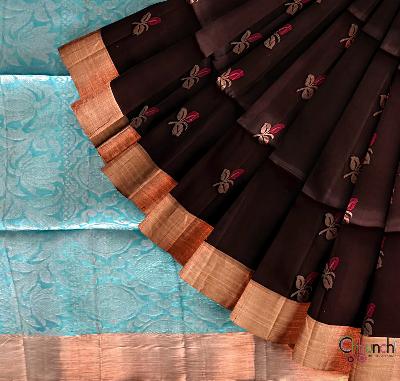 Dark Brown and Sky Blue Pure Soft Silk Handloom Saree