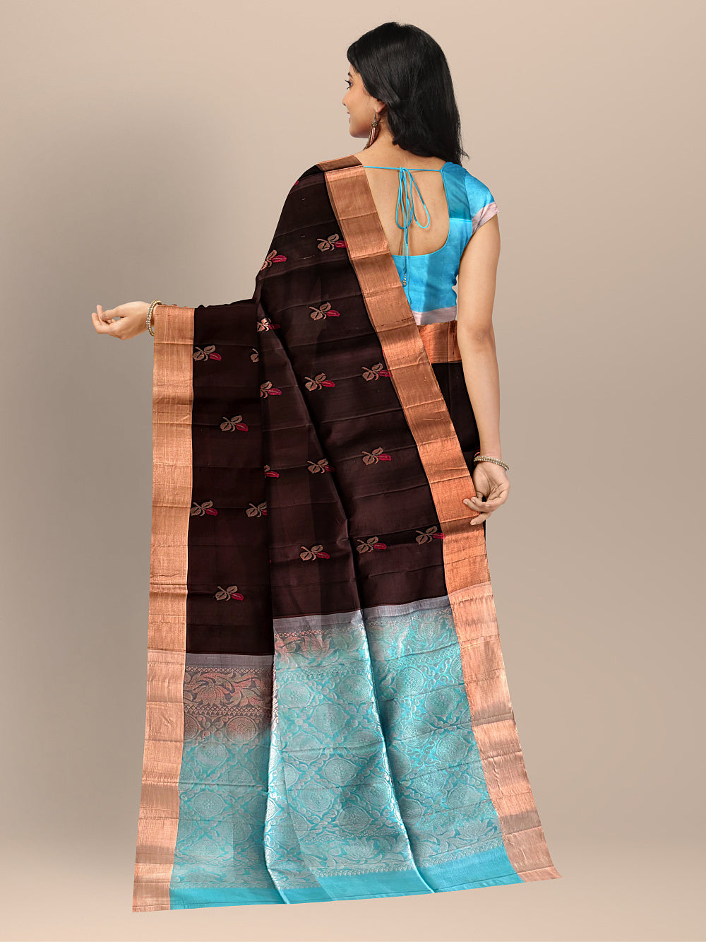 Dark Brown and Sky Blue Pure Soft Silk Handloom Saree