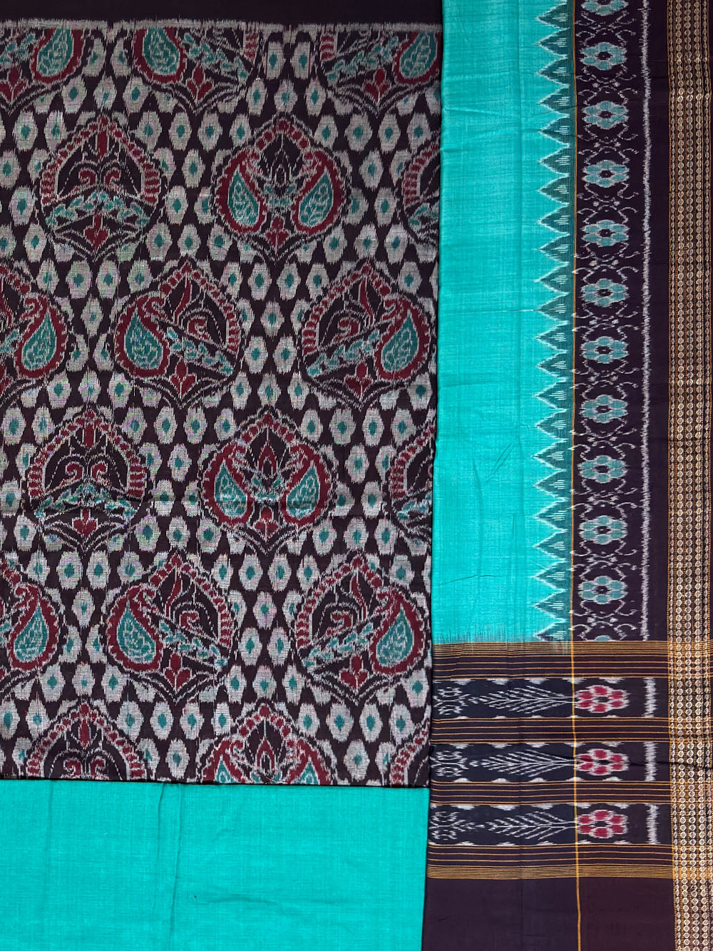 Dark Burgundy and Teal Sambalpuri Handloom Cotton Dress Material