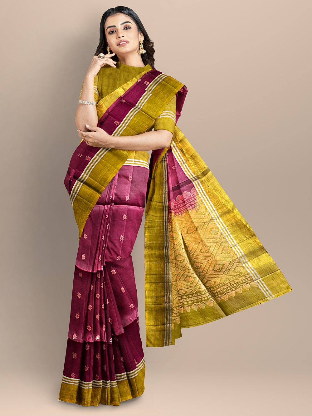 Dark Pink and Olive Green Pure Soft Silk Handloom Saree