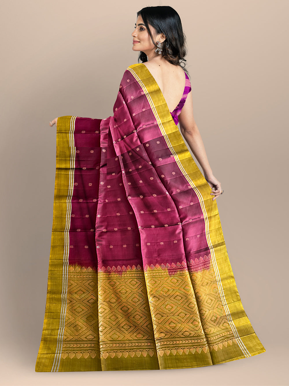 Dark Pink and Olive Green Pure Soft Silk Handloom Saree