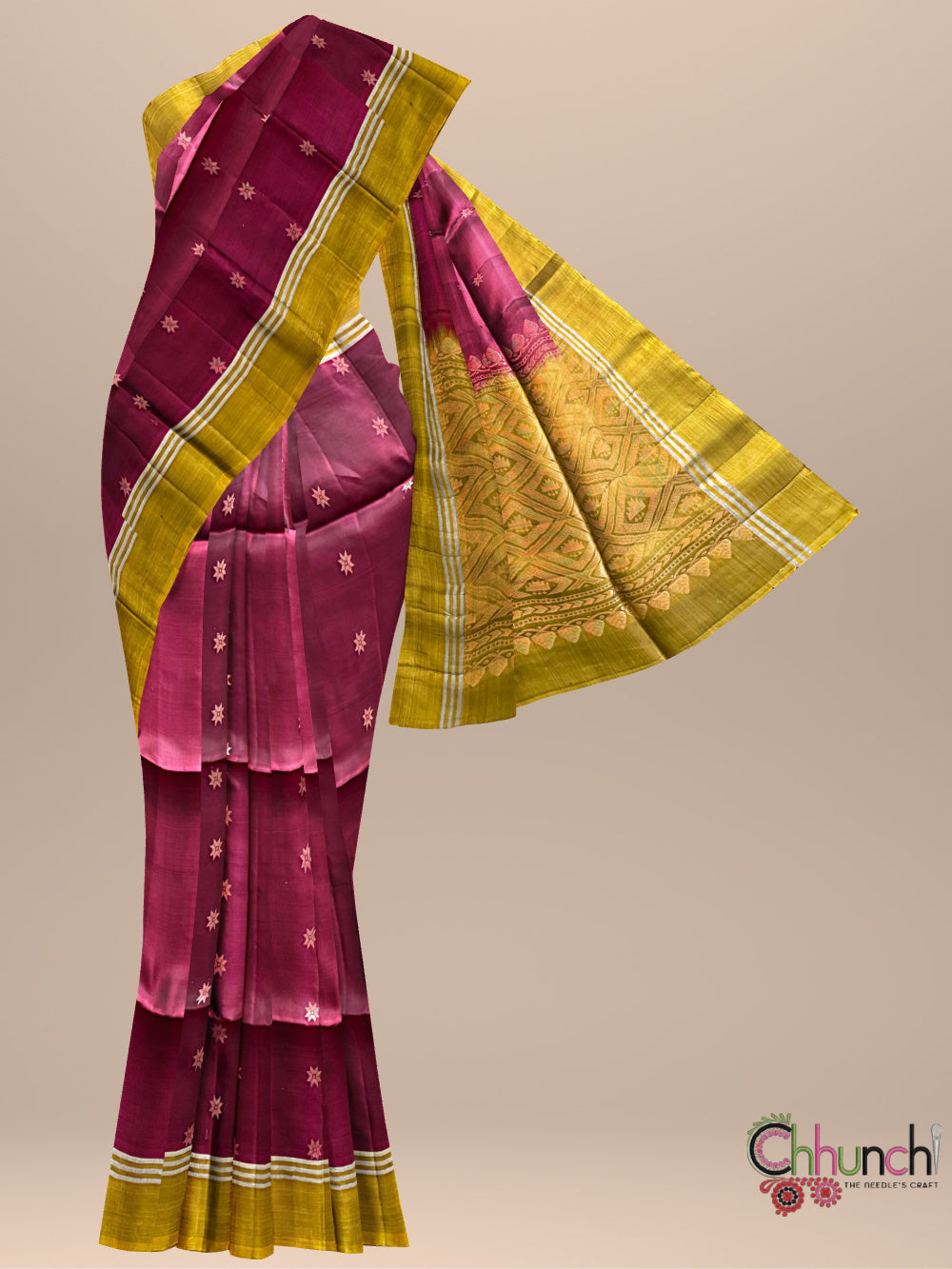 Dark Pink and Olive Green Pure Soft Silk Handloom Saree
