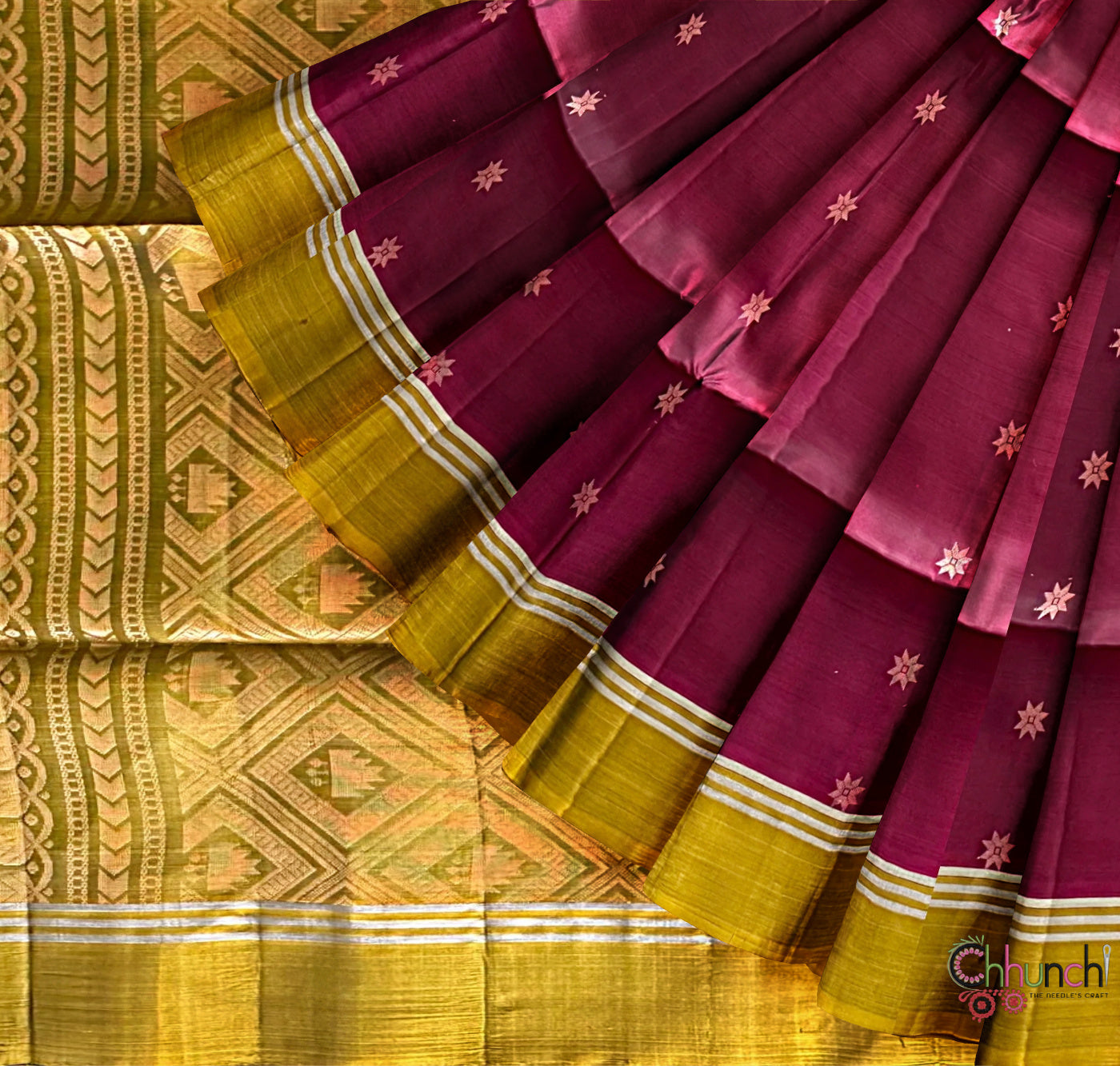 Dark Pink and Olive Green Pure Soft Silk Handloom Saree