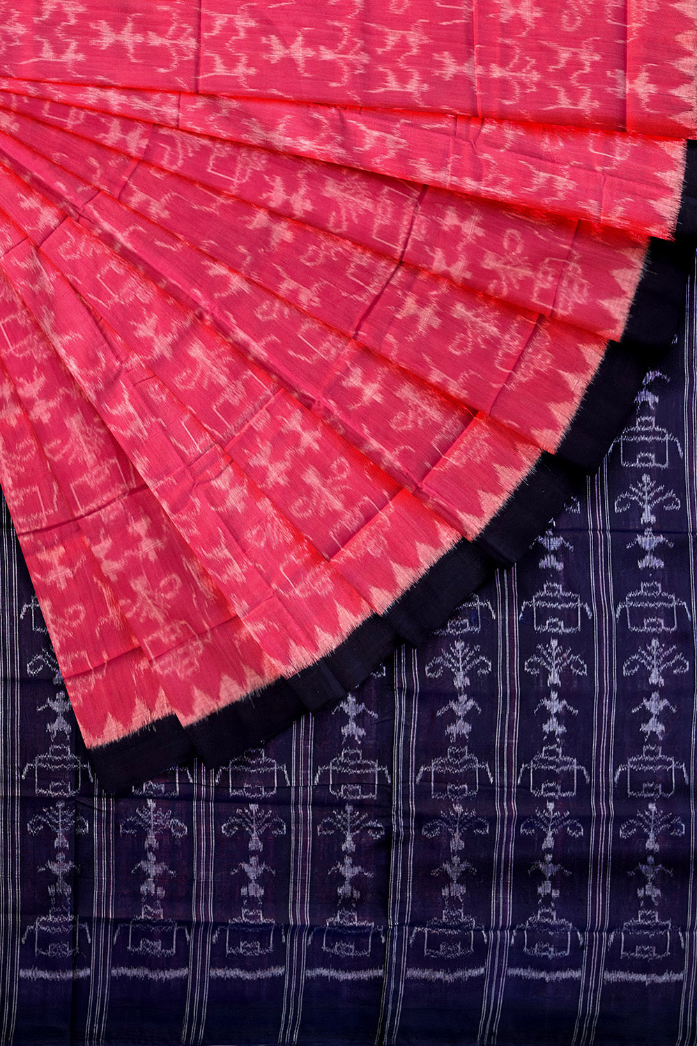 Flamingo Pink and Navy Blue Handloom Cotton Sambalpuri Saree