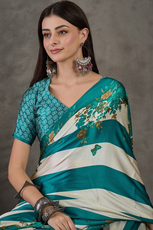 Scintillating Rama Ajrakh Printed Semi Modal Silk Saree With Smashing Blouse Piece