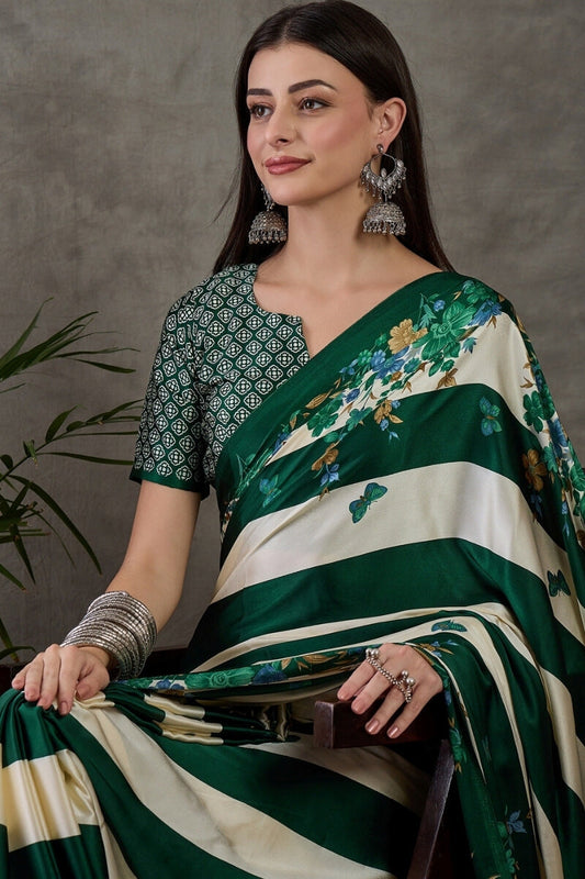 Jubilant Dark Green Ajrakh Printed Semi Modal Silk Saree With Efflorescence Blouse Piece