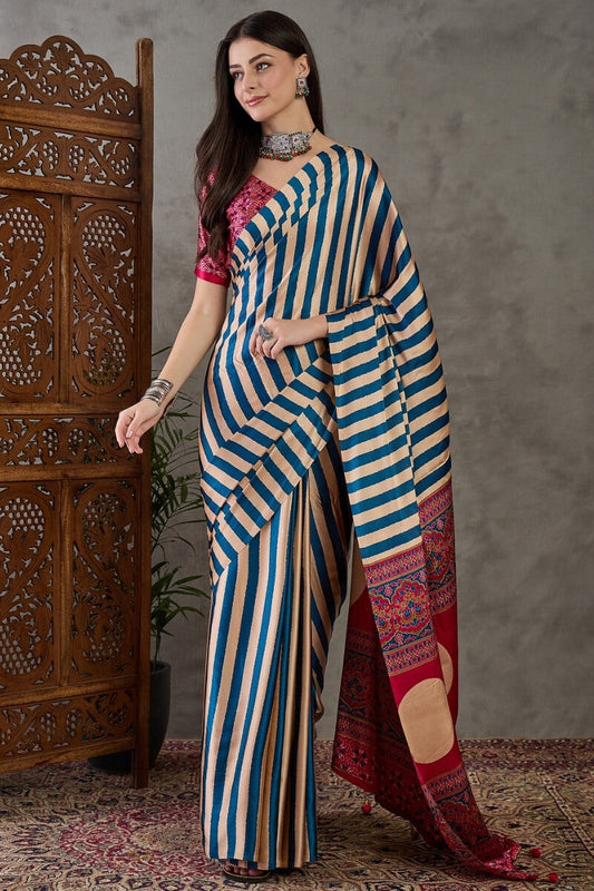 Serendipity Navy Blue Ajrakh Printed Semi Modal Silk Saree With Unique Blouse Piece