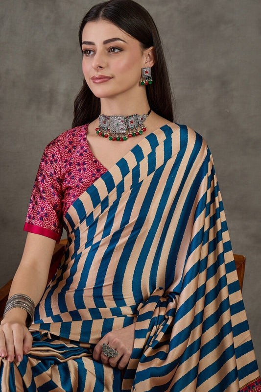 Serendipity Navy Blue Ajrakh Printed Semi Modal Silk Saree With Unique Blouse Piece