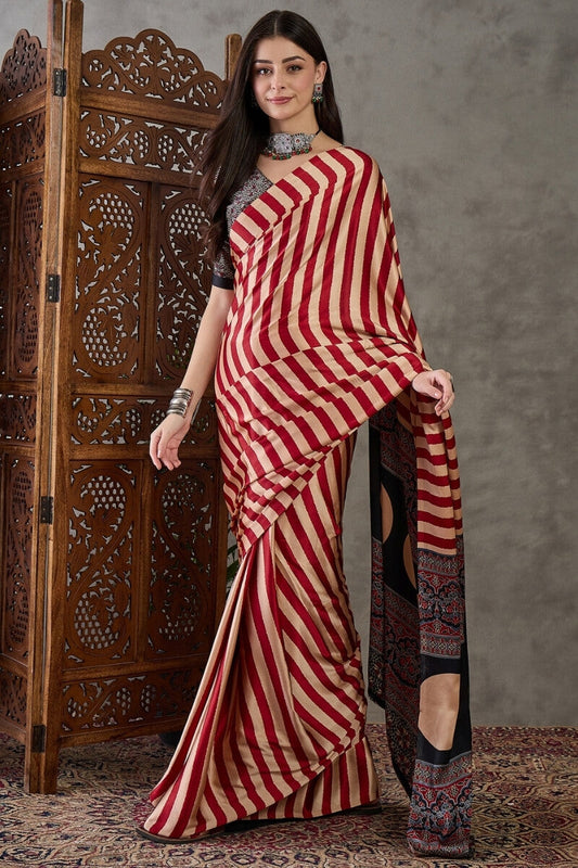Improbable Red Ajrakh Printed Semi Modal Silk Saree With Exquisite Blouse Piece
