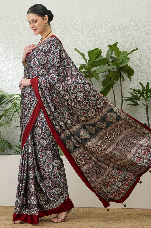 Sophisticated Grey Ajrakh Printed Semi Modal Silk Saree With Flaunt Blouse Piece