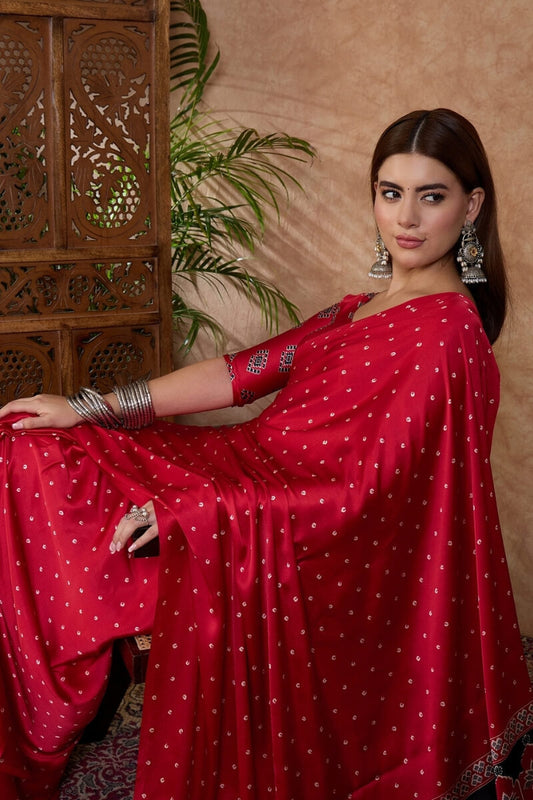 Propinquity Red Ajrakh Printed Semi Modal Silk Saree With Ethnic Blouse Piece